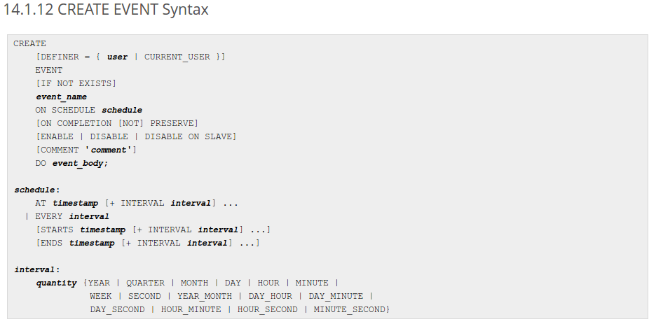 Create MySQL scheduled event syntax