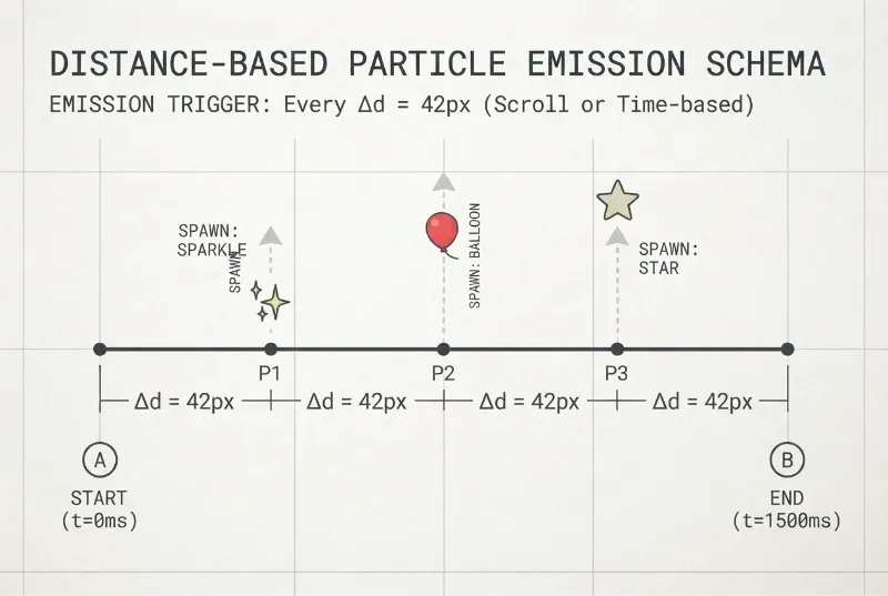 Technical diagram explaining distance-based particle spawning along a cursor motion path with measured spacing and fade out vectors.