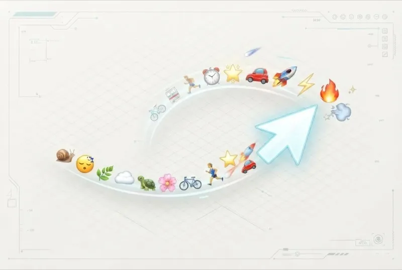 Clean schematic illustration showing a computer mouse cursor leaving a glowing trail of emojis that changes from slow turtles to fast rockets and fire.