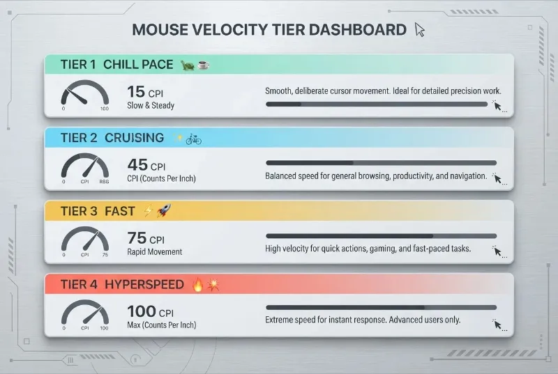 Infographic chart displaying four mouse velocity tiers mapped to corresponding emoji sets and speedometers.